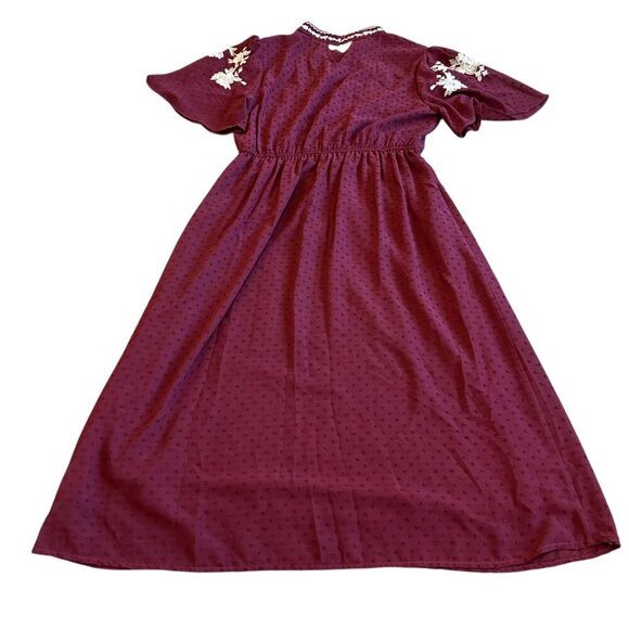 Bohme Burgundy Midi Dress White Embroidered Flowers Bohemian Size Medium Women's - Picture 6 of 11